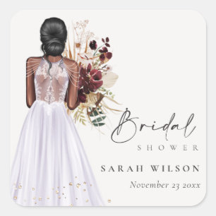 Pegatina Cuadrada Elegante Boho Lilac Boda Gown Bridal Shower