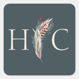 Pegatina Cuadrada Elegante Boho Rustic Pampas y Pine Green Tan Rojo