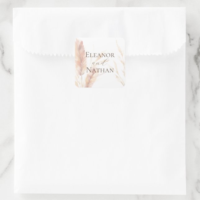 Pegatina Cuadrada Elegante Boho Watercolor Pampas Fall Wedding (Bolso)
