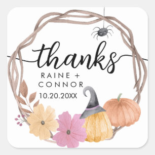 Pegatina Cuadrada Elegante Calabaza Floral Gracias Boda