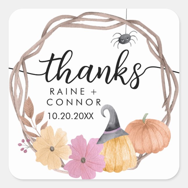 Pegatina Cuadrada Elegante Calabaza Floral Gracias Boda (Anverso)