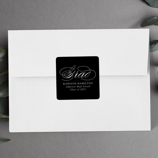 Pegatina Cuadrada Elegante caligrafía Graduación en blanco y negro (Subido por el creador)