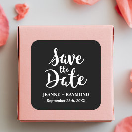 Pegatina Cuadrada Elegante Caligrafía Negra Invitación de Boda "Save