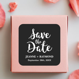 Pegatina Cuadrada Elegante Caligrafía Negra Invitación de Boda "Save