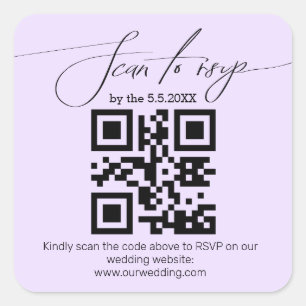 Pegatina Cuadrada elegante caligrafía rsvp código qr boda púrpura