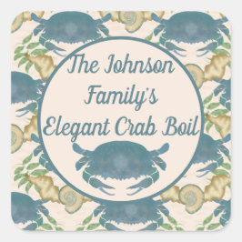 Pegatina Cuadrada Elegante Cangrejo Festín-Acuarela Cangrejos Azules