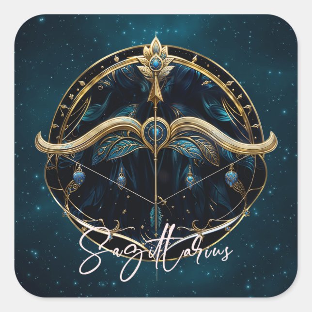 Pegatina Cuadrada Elegante Centaur Zodiac Rótulo Black Gold Sagittar (Anverso)