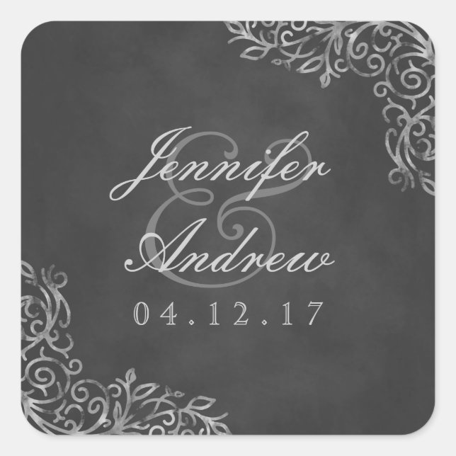 Pegatina Cuadrada Elegante Chalkboard Filigree Wedding Stickers (Anverso)