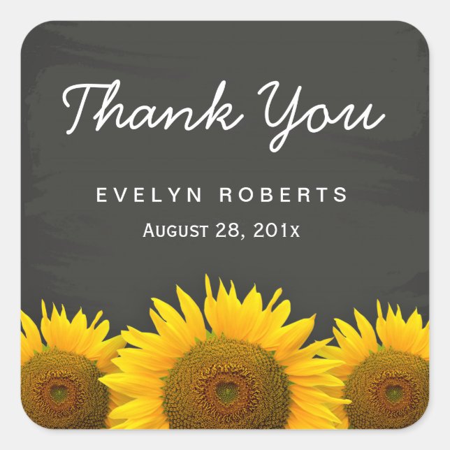 Pegatina Cuadrada Elegante Chalkboard Yellow Sunflowers Gracias (Anverso)