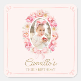Pegatina Cuadrada Elegante Chica floral rosa foto cumpleaños