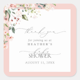 Pegatina Cuadrada Elegante Chica Rosa Flores Baby Shower Gracias