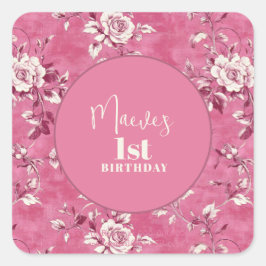 Pegatina Cuadrada Elegante Chinoiserie rosa Fiesta de cumpleaños 1