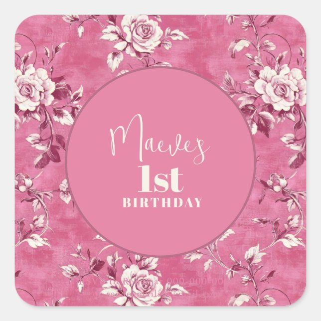 Pegatina Cuadrada Elegante Chinoiserie rosa Fiesta de cumpleaños 1 (Anverso)