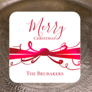 Pegatina Cuadrada Elegante Cinta Roja Personalizada Feliz Navidad