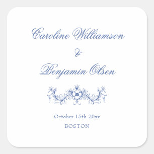 Pegatina Cuadrada Elegante Clásico Azul Francés Campo Floral Boda