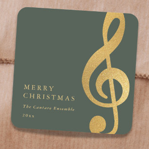 Pegatina Cuadrada Elegante Clef de Sol Musical Dorado Feliz Navidad