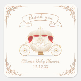 Pegatina Cuadrada Elegante Coche de Hadas de Oro para Baby Shower