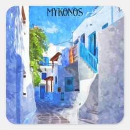 Pegatina Cuadrada Elegante color azul blanco Mykonos Grecia acuarela