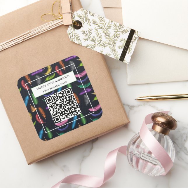 Pegatina Cuadrada Elegante Coloroso Feathers Your Logo Slogan (Regalar)