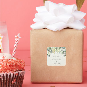 Pegatina Cuadrada Elegante Crema Snowberry+Eucalyptus Boda
