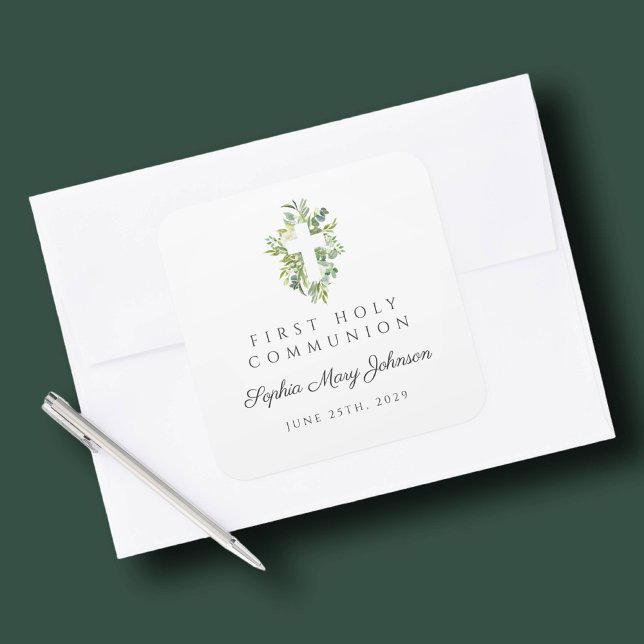 Pegatina Cuadrada Elegante Cruz Botánica Verde Primera Comunión (Elegant Green Botanical Cross First Communion Square Sticker)