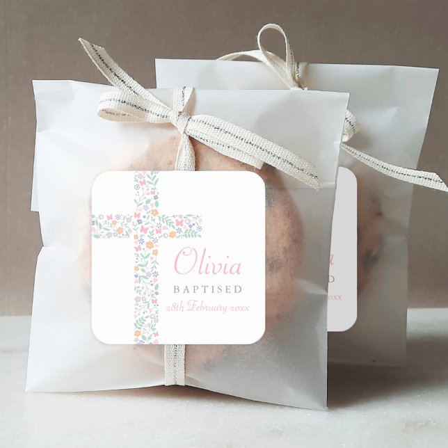 Pegatina Cuadrada Elegante Cruz Floral Rosa Bebé Baptismo (Subido por el creador)