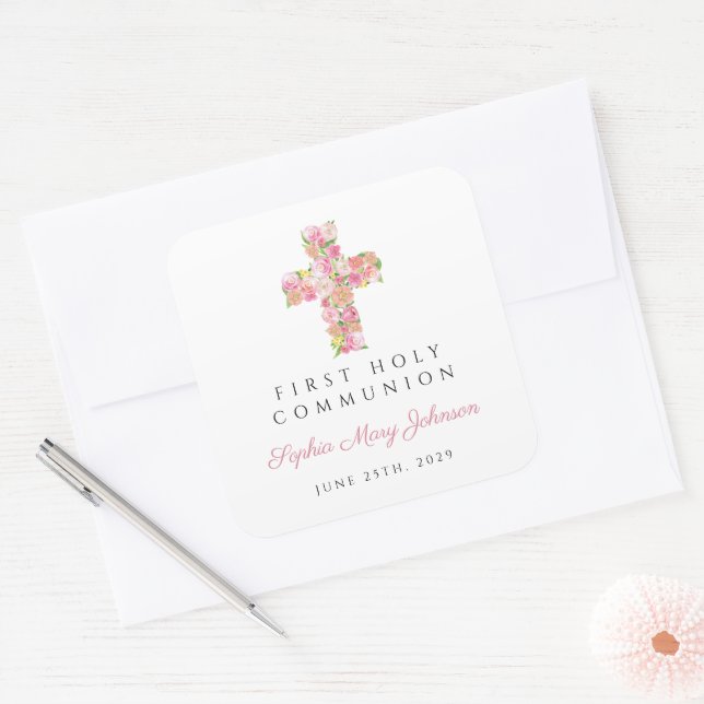 Pegatina Cuadrada Elegante Cruz Floral Rosa Primera Comunión (Sobre)