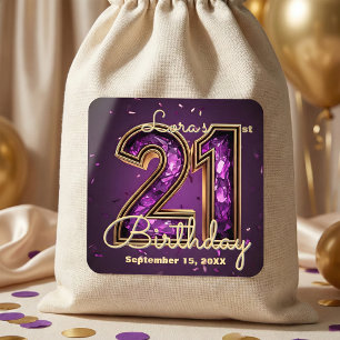 Pegatina Cuadrada Elegante Cumpleaños 21 con Cristal Morado Brillant
