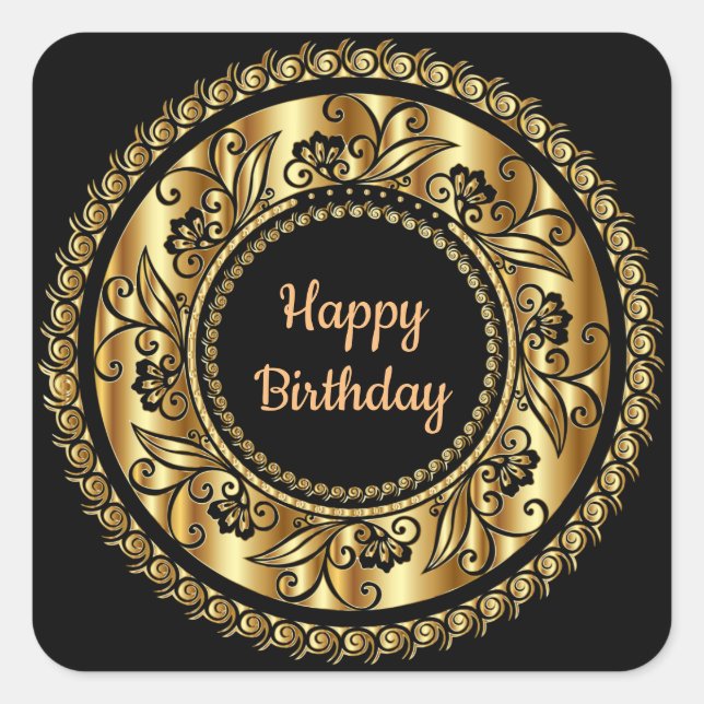 Pegatina Cuadrada Elegante cumpleaños negro y oro (Anverso)