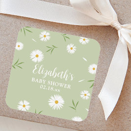 Pegatina Cuadrada Elegante Daisies Sexo Neutral Baby Shower