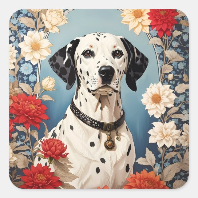 Pegatina Cuadrada Elegante dálmata con flores de Dahlia (Anverso)
