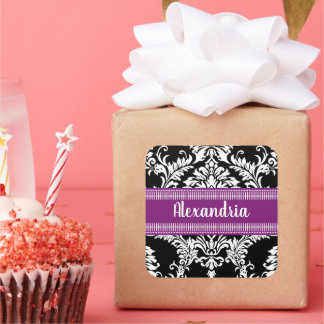 Pegatina Cuadrada Elegante Damasco blanco y negro con acentos morado
