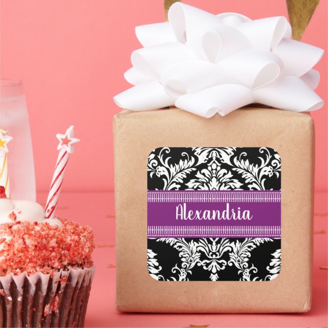 Pegatina Cuadrada Elegante Damasco blanco y negro con acentos morado (Fiesta)