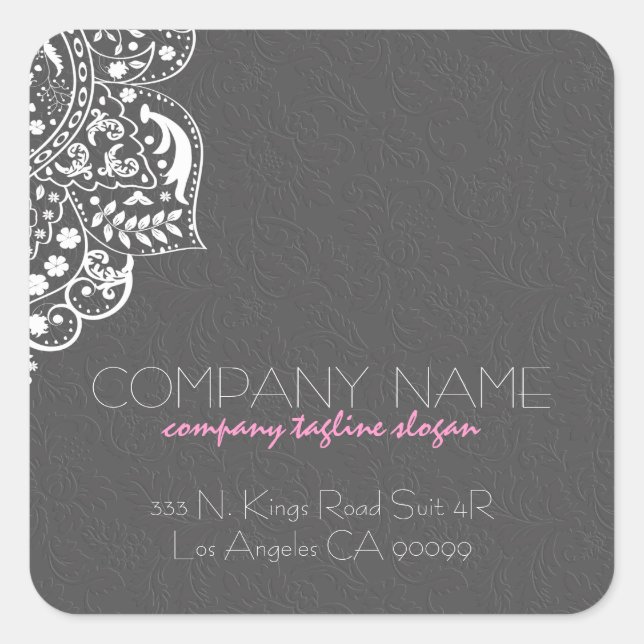 Pegatina Cuadrada Elegante Damasco Floral Gris Gris de encaje blanco (Anverso)