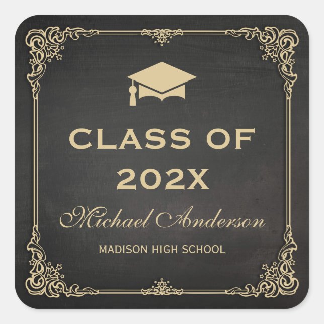 Pegatina Cuadrada Elegante Damask Frame Graduation Favor (Anverso)