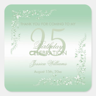Pegatina Cuadrada Elegante Decoración Esmeralda Cumpleaños 25  