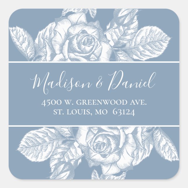 Pegatina Cuadrada Elegante dirección de devolución de boda floral az (Anverso)