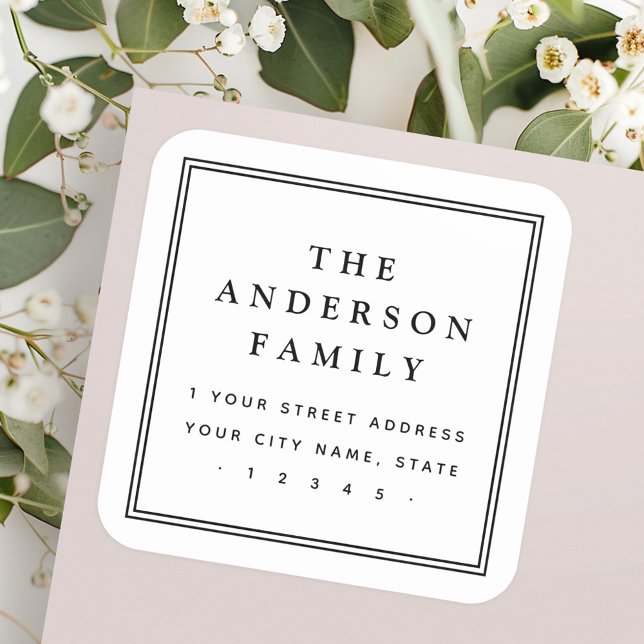 Pegatina Cuadrada Elegante dirección de retorno de borde cuadrado de (Elegant family name square border return address square sticker)