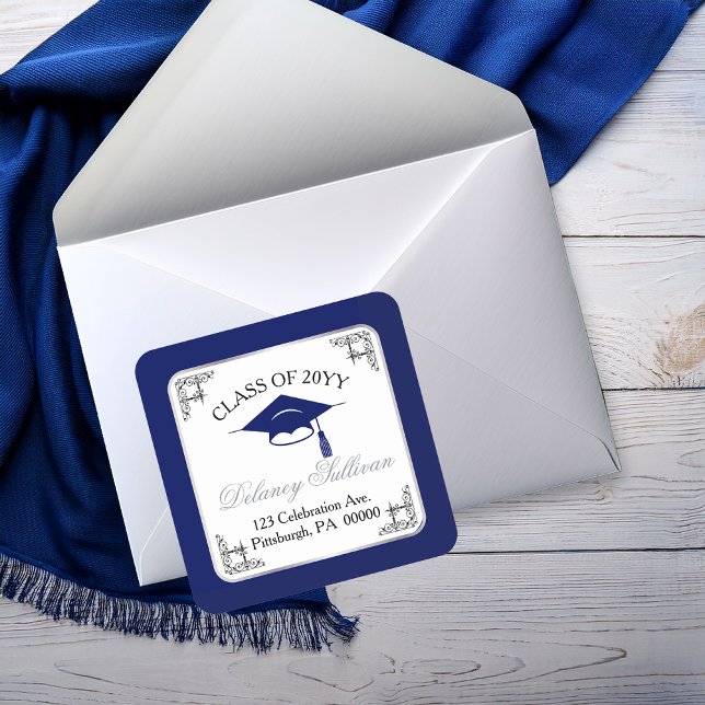Pegatina Cuadrada Elegante dirección de retorno de graduación de Blu (Elegant Blue and Silver Tone  College | University Graduation Return Address Square Sticker)