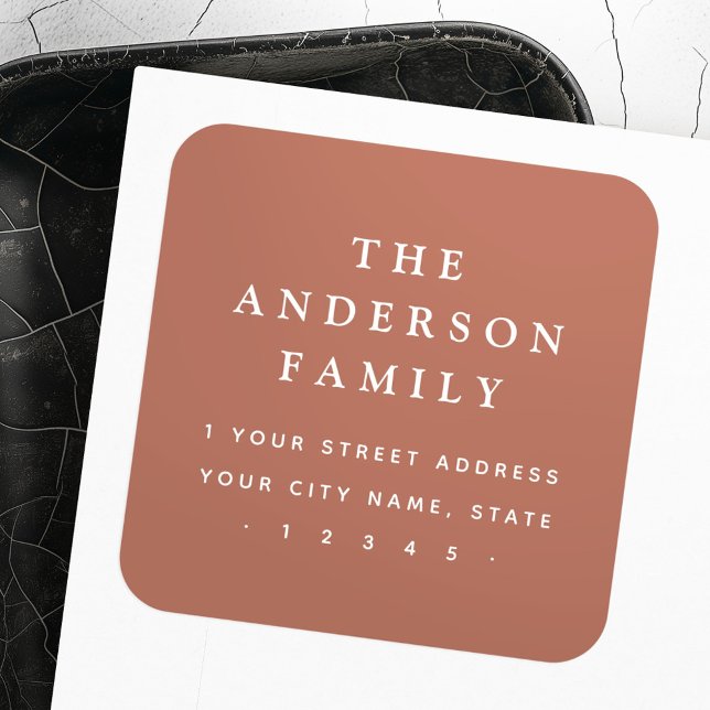 Pegatina Cuadrada Elegante dirección de retorno marrón de terracota (Elegant terracotta brown return address square sticker)