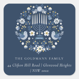 Pegatina Cuadrada Elegante dirección floral de la Marina Azul Hanukk