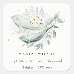 Pegatina Cuadrada Elegante dirección Verde azulada de pescado floral