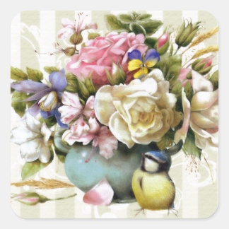 Pegatina Cuadrada Elegante diseño de flor rosa rosa de época