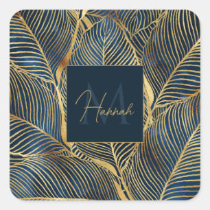 Pegatina Cuadrada Elegante diseño de hoja de oro azul