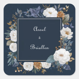 Pegatina Cuadrada Elegante diseño floral azul de la marina con rosas