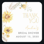 Pegatina Cuadrada Elegante Ducha Bridal Boho Sunflower Gracias<br><div class="desc">Un elegante final a tu sincera reunión. Gracias a este pegatina, este girasol combina el encanto botánico rústico con la simplicidad refinada, perfecta para sellar bolsos de bienvenida, botellas de vino o cajas de conservas. La paleta lavada al sol y la tipografía elegante comunican discretamente la gratitud, haciendo que cada...</div>