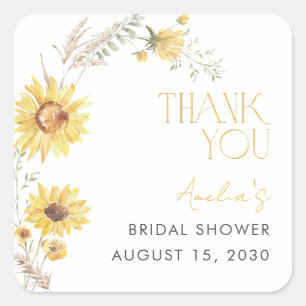 Pegatina Cuadrada Elegante Ducha Bridal Boho Sunflower Gracias