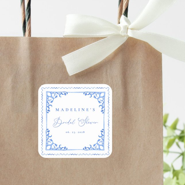 Pegatina Cuadrada Elegante ducha de novia con azulejos blancos y azu (Subido por el creador)