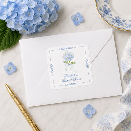 Pegatina Cuadrada Elegante ducha de novia con hortensias azules