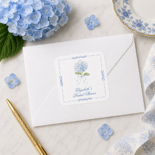 Pegatina Cuadrada Elegante ducha de novia con hortensias azules